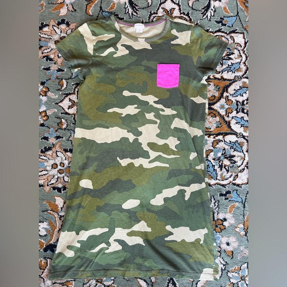 J. Crew Crewcuts Camo T-Shirt Dress Cotton Hot Pink Pocket Green size 14 ax027
